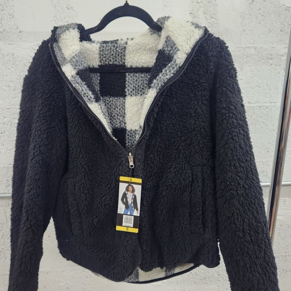 NWT Weatherproof Reversible Sherpa Zip Hoodie Black/White Buffalo Plaid Size S - Picture 10 of 16